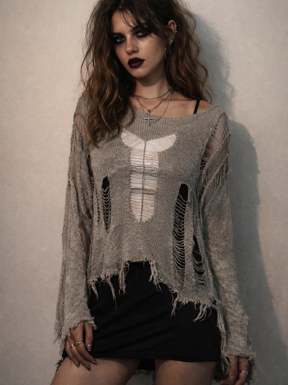 Distressed “Holy” Knit Sweater | Silver | Size Small | Boho Grunge Statement